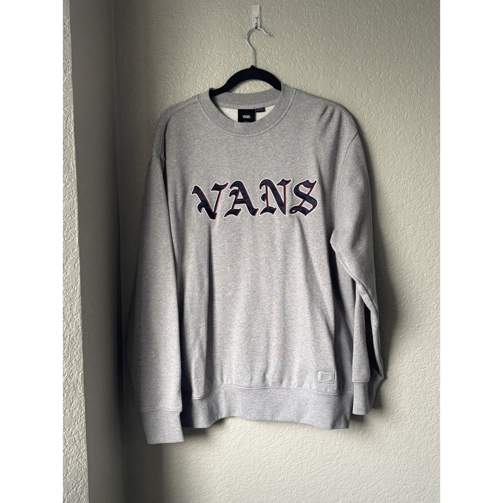 Vans Mens Loose Fit Crewneck Sweatshirt Gray Old English Spellout Logo Medium
